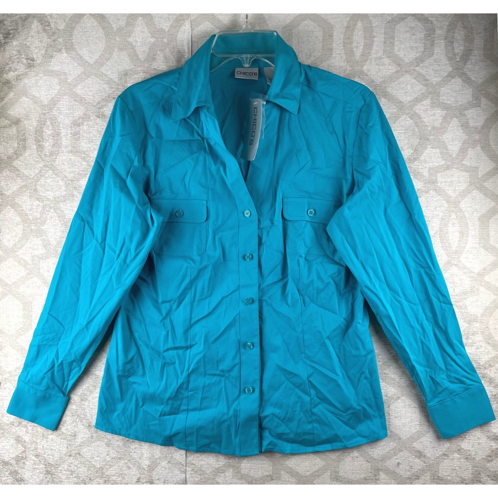 Chico's Silky Cotton Olissa Shirt Women Size 1 Medium Cyan NWT Stretch
